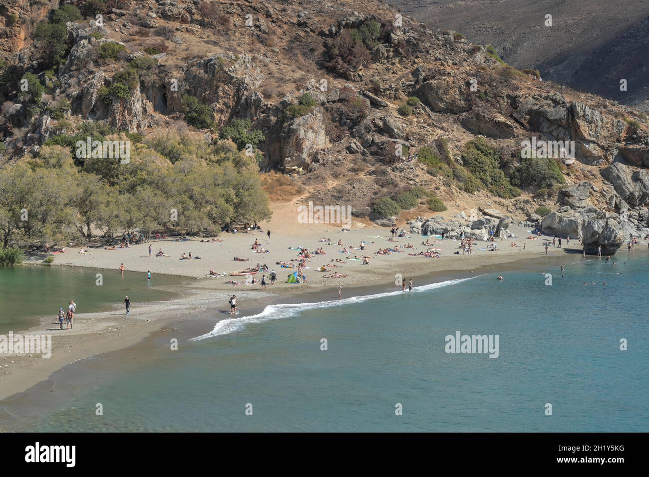 Sandstrand, Sonnenbaden, Urlauber, Touristen, Preveli, Kreta, Griechenland Stock Photo