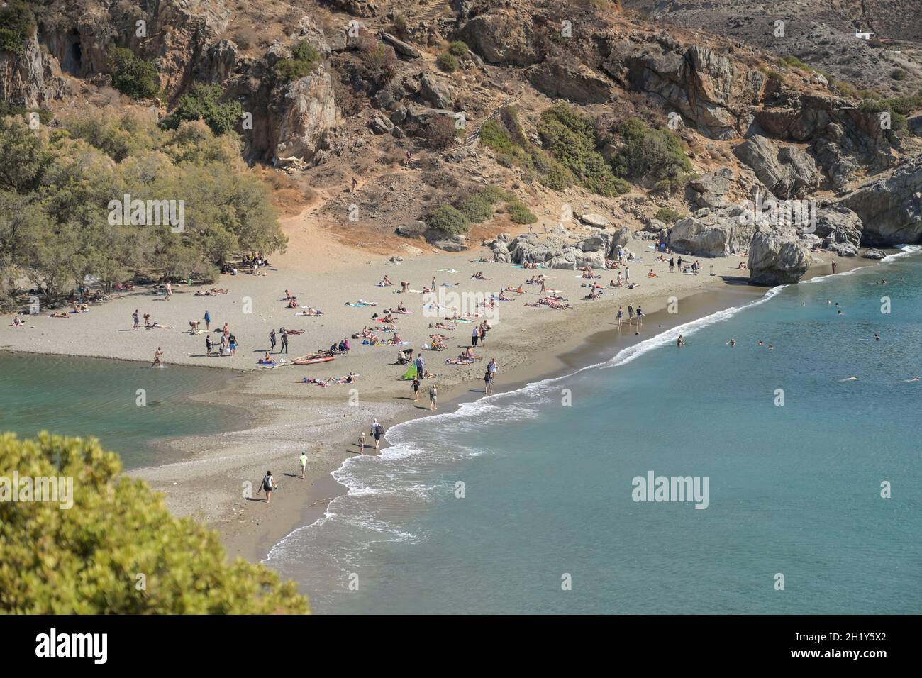 Sandstrand, Sonnenbaden, Urlauber, Touristen, Preveli, Kreta, Griechenland Stock Photo