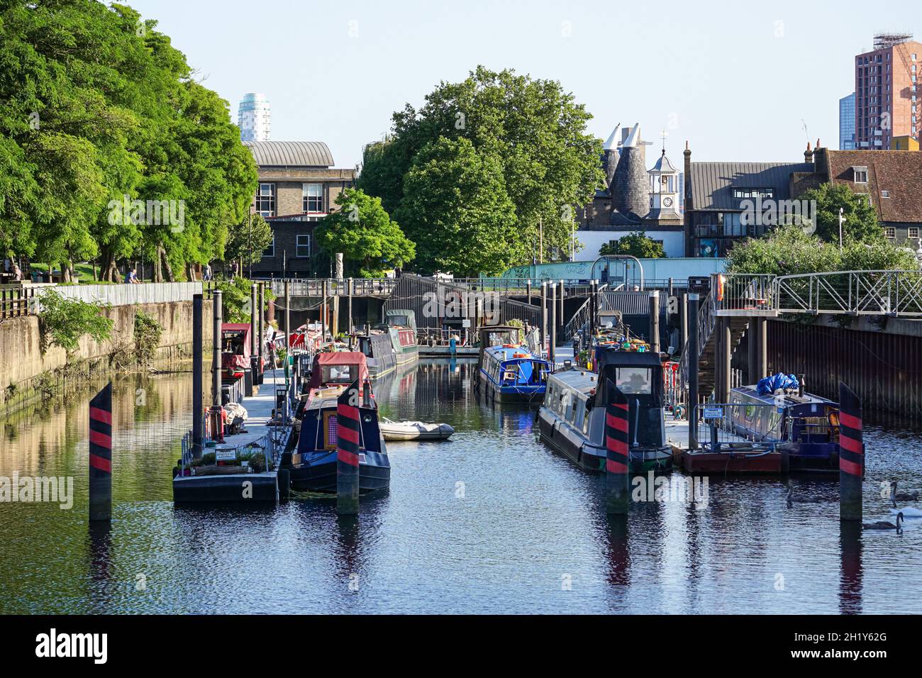 Three Mills Residential Moorings on the Three Mills Wall River Weir, London England United Kingdom UK Stock Photo