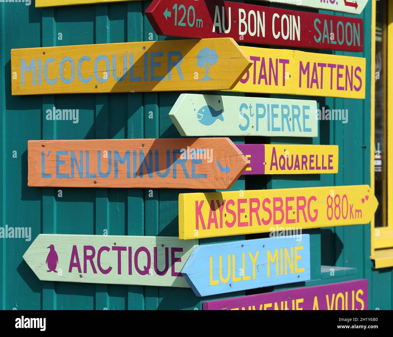 signboards on painted house in Oleron island , atlantic ocean coast ...