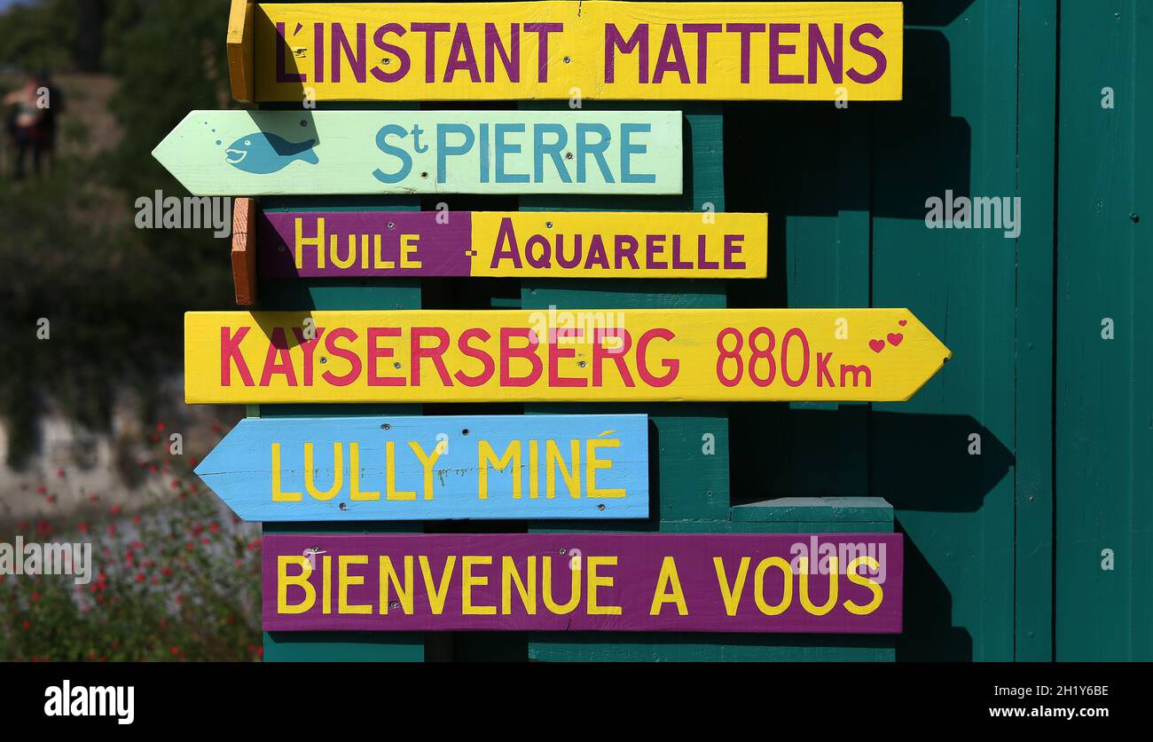 signboards on painted house in Oleron island , atlantic ocean coast ...