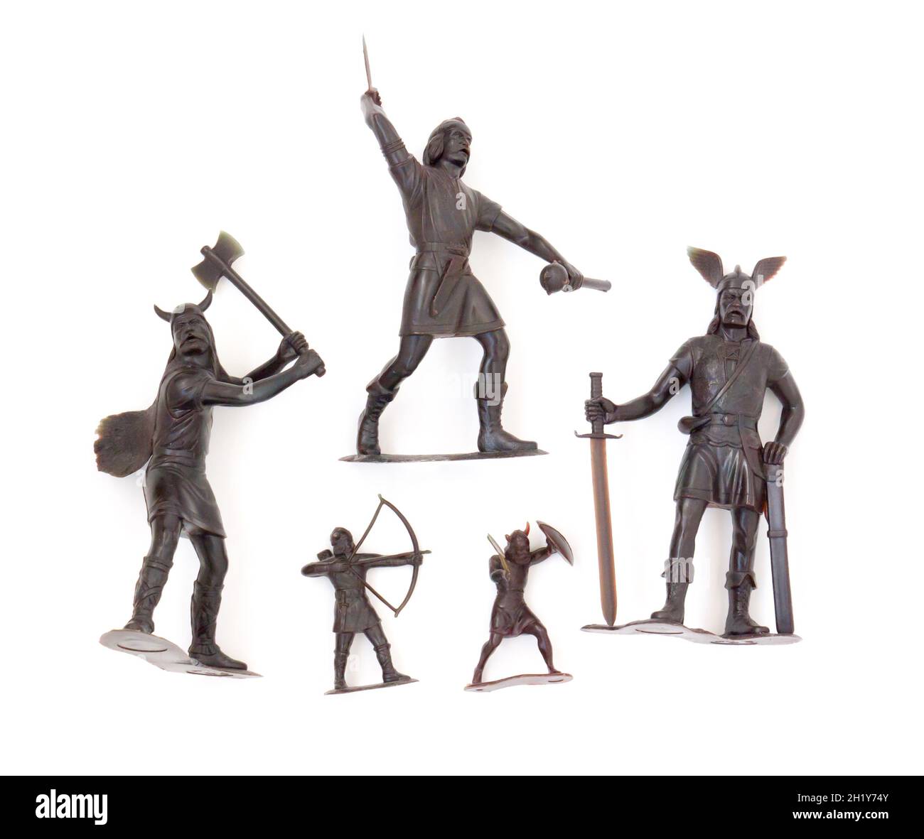 The Miniature isolated toys Vintage Set of 6 Toy Soldiers Vikings. Stock Photo