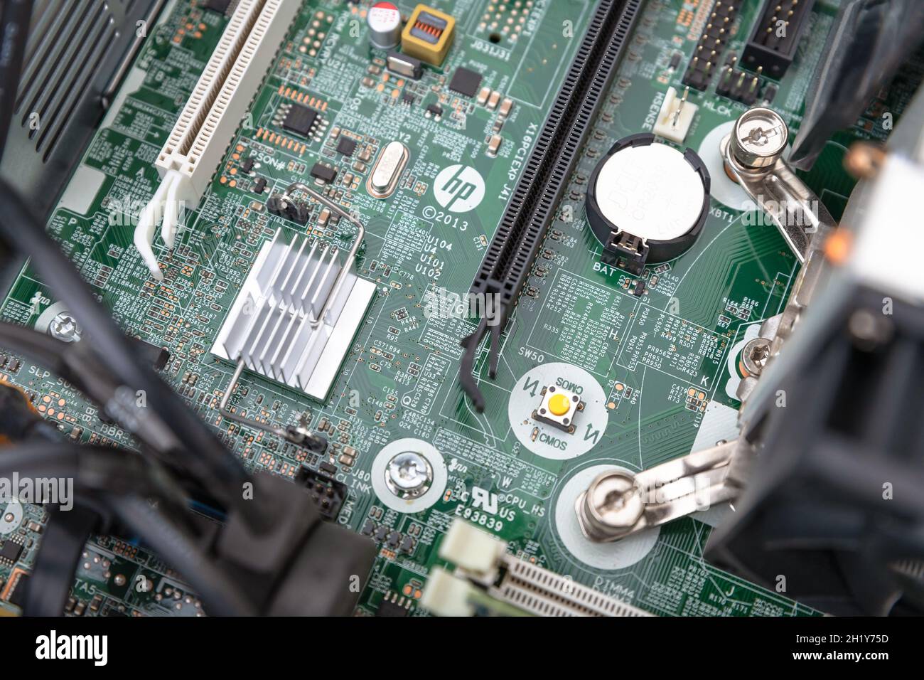 Woodville, Australia - October 15, 2021: Close-up top view of HP motherboard installed in a small factor business desktop Stock Photo