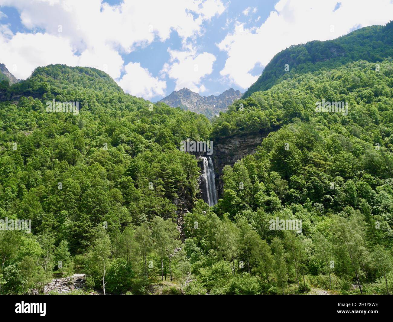 Waterfall in Verzasca Valley, Ticino, in lush-green landscape. Switzerland. Stock Photo
