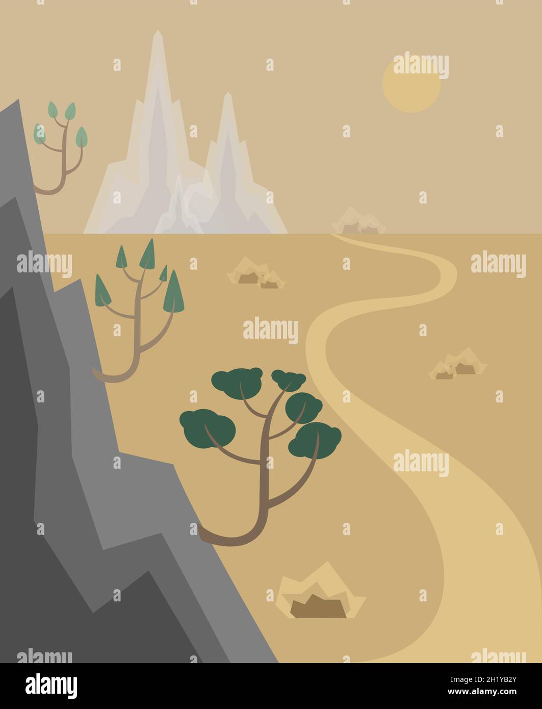 Tree geotropism (gravitropism, gravity) in the mountain. Vector ...
