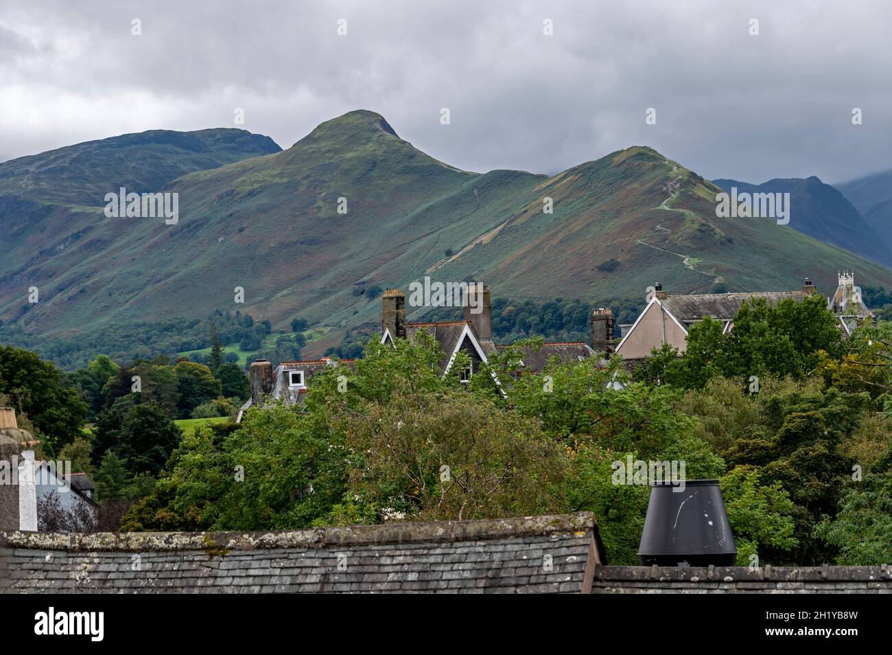A hotel window view of the well-known ‘Cats Bells’ a small Fell, is ...