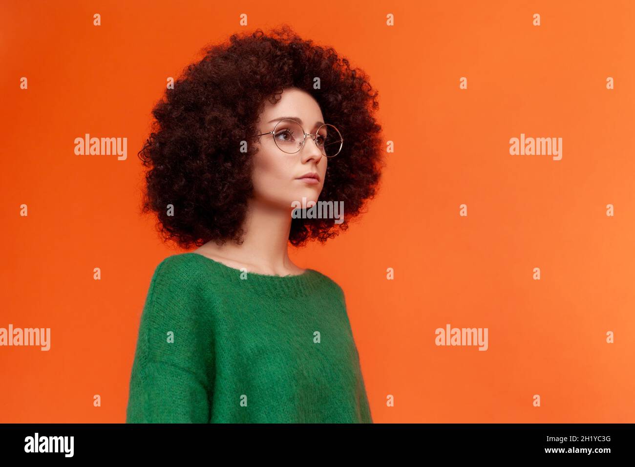 Profile portrait of good looking woman with Afro hairstyle wearing green casual style sweater and eyeglasses, looking away, serious expression. Indoor studio shot isolated on orange background. Stock Photo