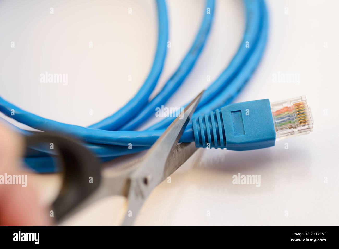 Scissors cutting LAN cable no more Stock Photo Alamy