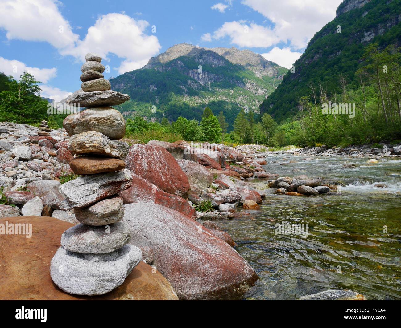 Riverbed of beautiful Verzasca river in Ticino, Switzerland. Stock Photo