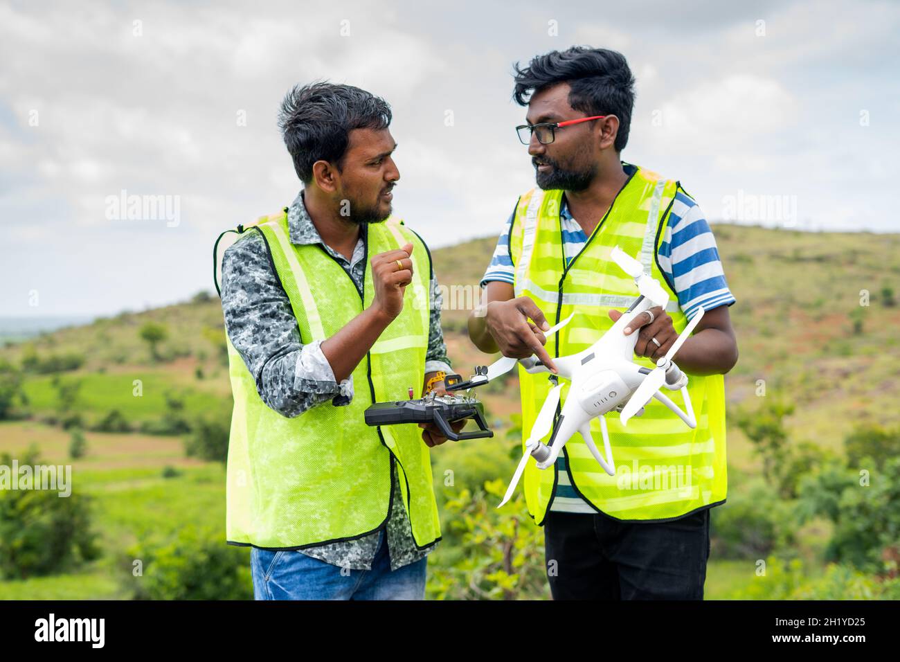 Selective focus on drone, Trainer teaching by explaining about drone operations to student - Concept drone or UAV pilot training. Stock Photo