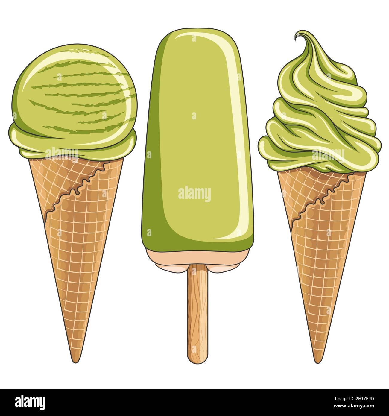 Set of color illustrations with tasty pistachio ice cream. Isolated vector objects on white background. Stock Vector
