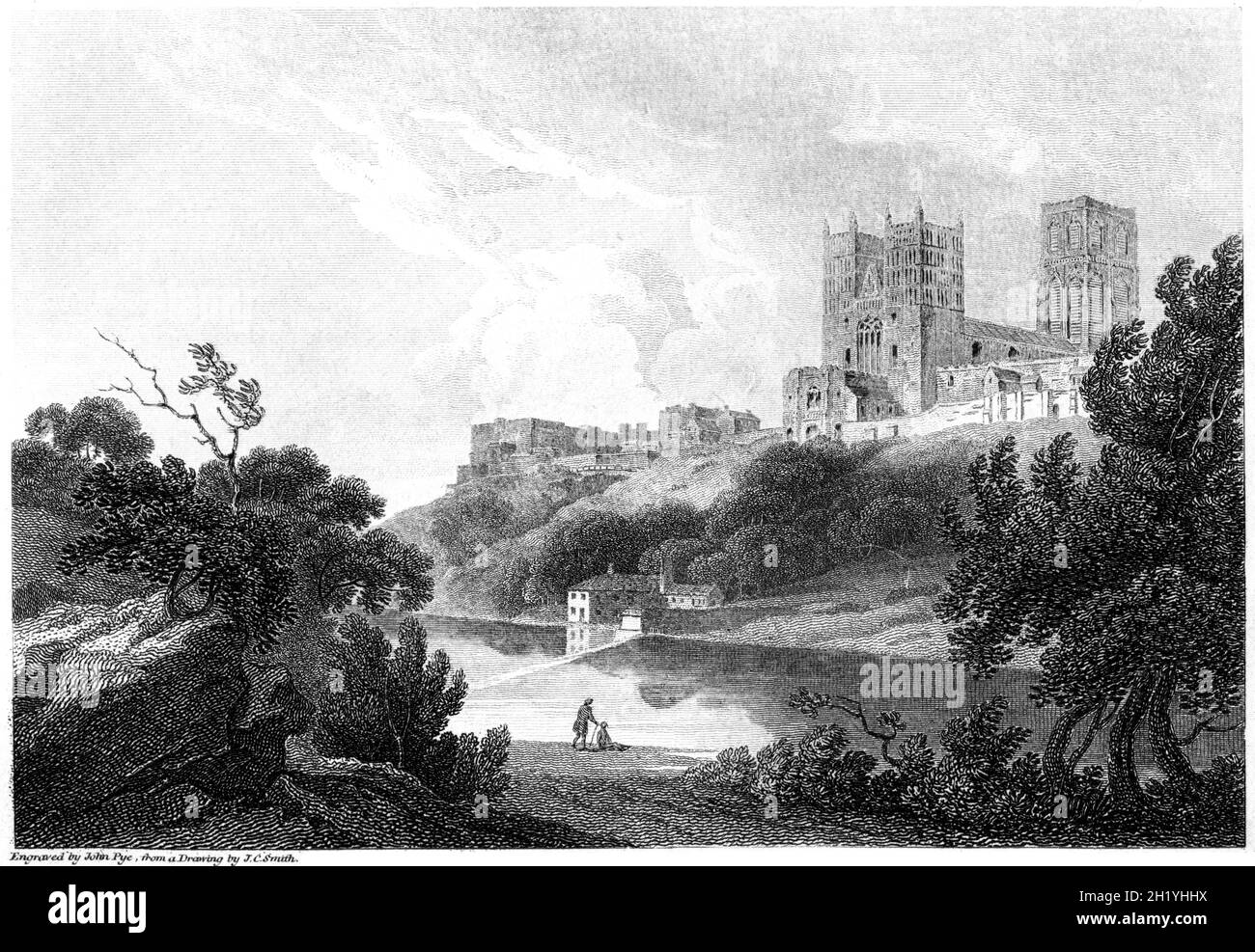 An engraving of Durham Cathedral scanned at high resolution from a book printed in 1812. This image is believed to be free of all historic copyright. Stock Photo