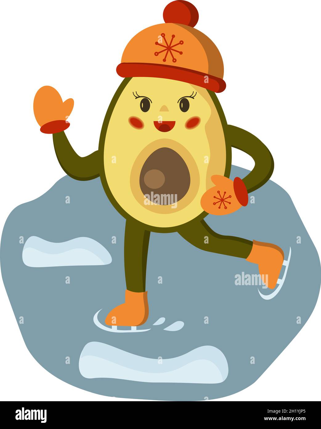 Smiling little avocado girl in hat and mittens on ice skates wintertime composition Stock Vector