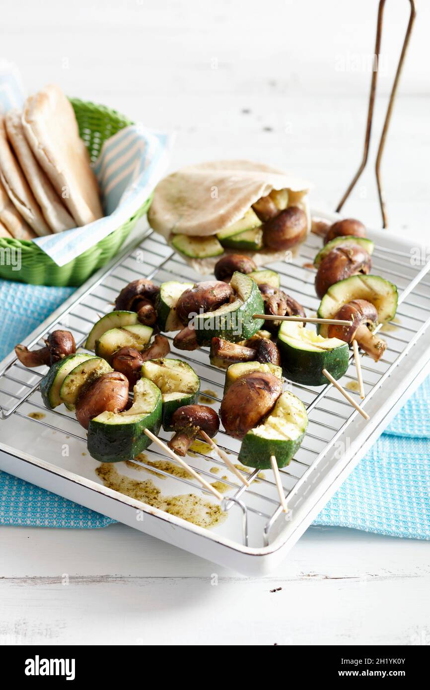 Grilled vegetable and mushroom skewers with pita bread Stock Photo Alamy