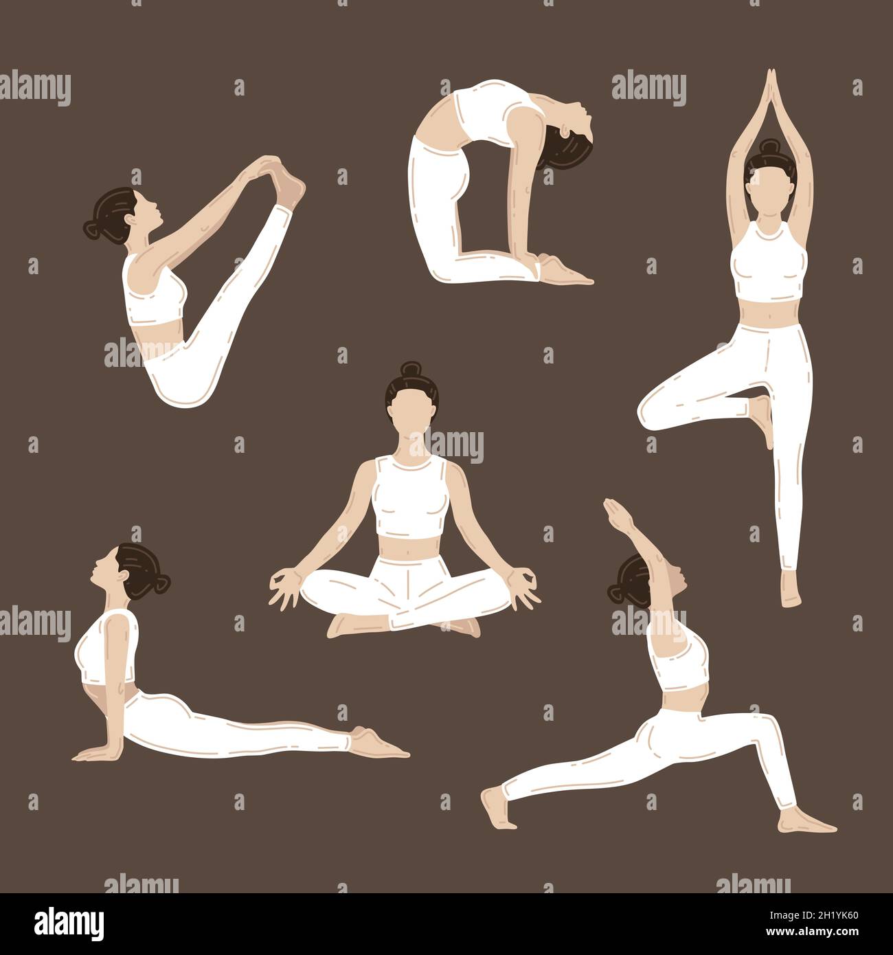 Young slim women doing yoga exercises. Set of vector illustrations Stock Vector