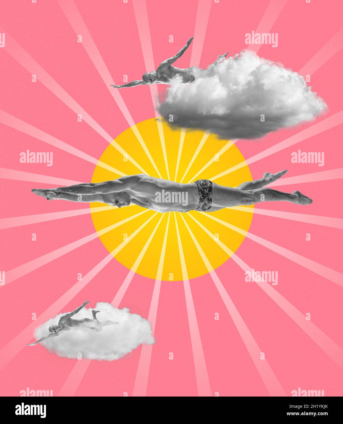 Modern design, contemporary art collage. Inspiration, idea, aspiration and fantasy, dreams. Swimmers and weightlessness. Stock Photo