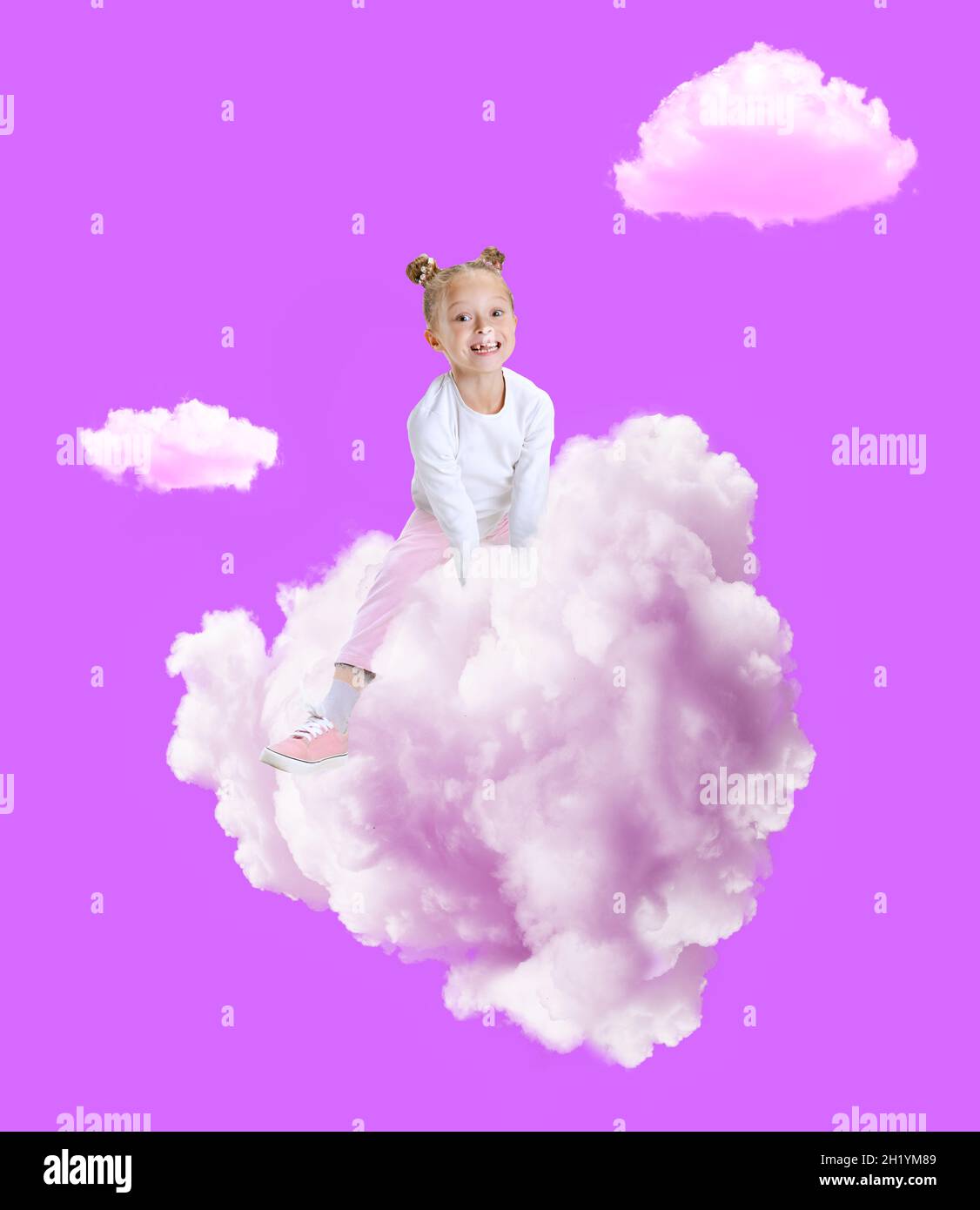 Creative collage with little girl sitting on huge white cloud and