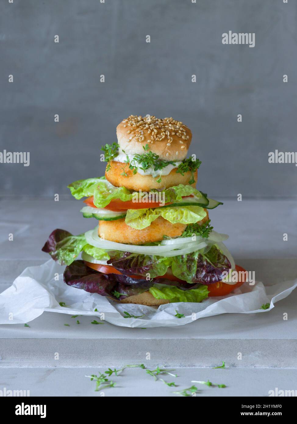 A tofu burger on paper Stock Photo