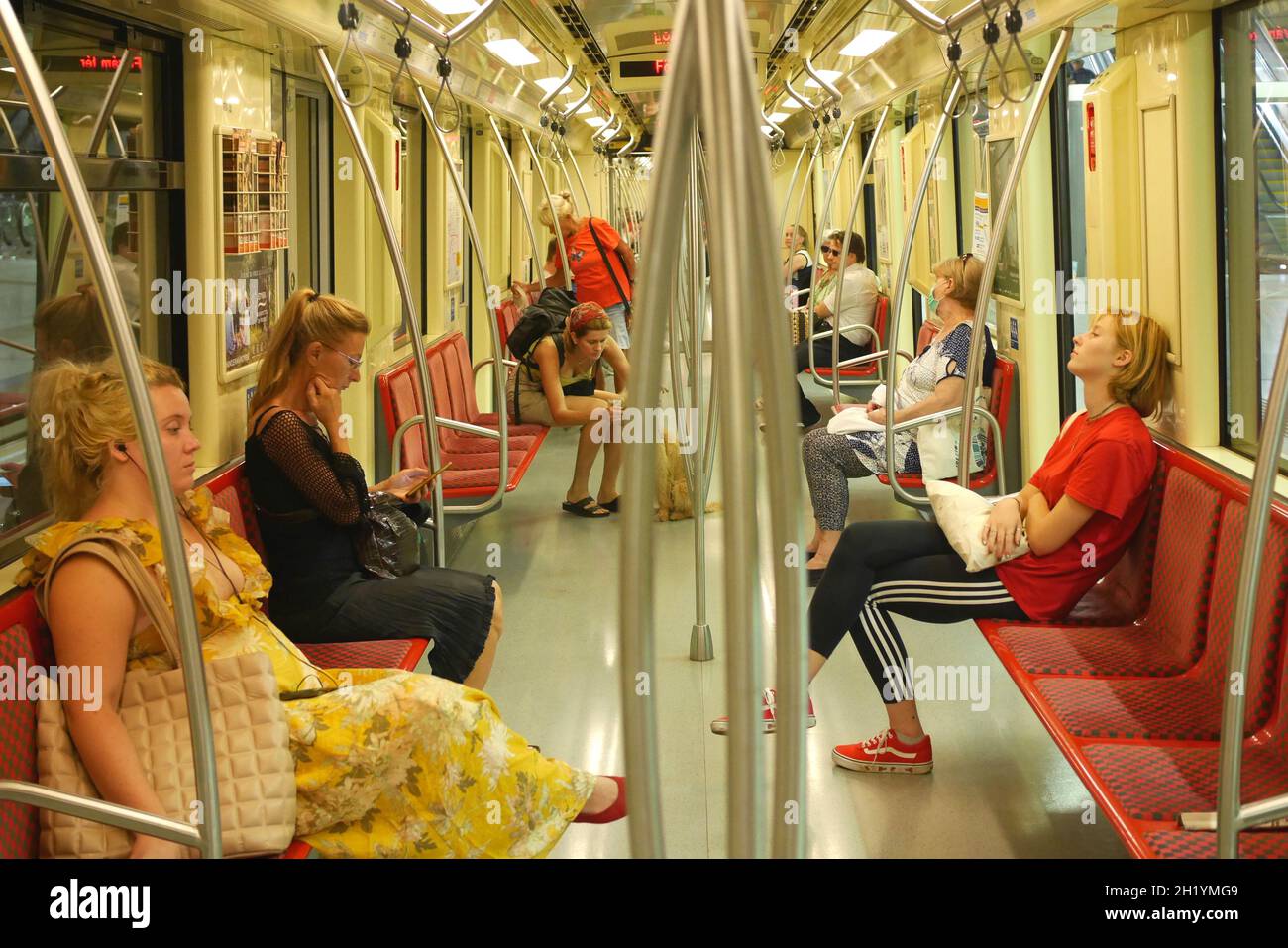 Passengers in a carriage on the Budapest metro, new line 4, Budapest, Hungary Stock Photo