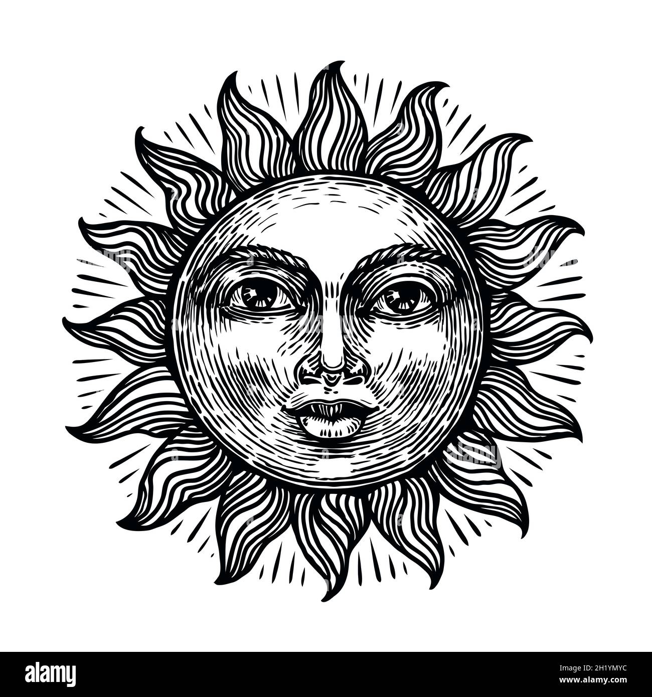 Hand drawn sun with face, decor element. Astrology symbol in vintage engraving style isolated on white background Stock Photo