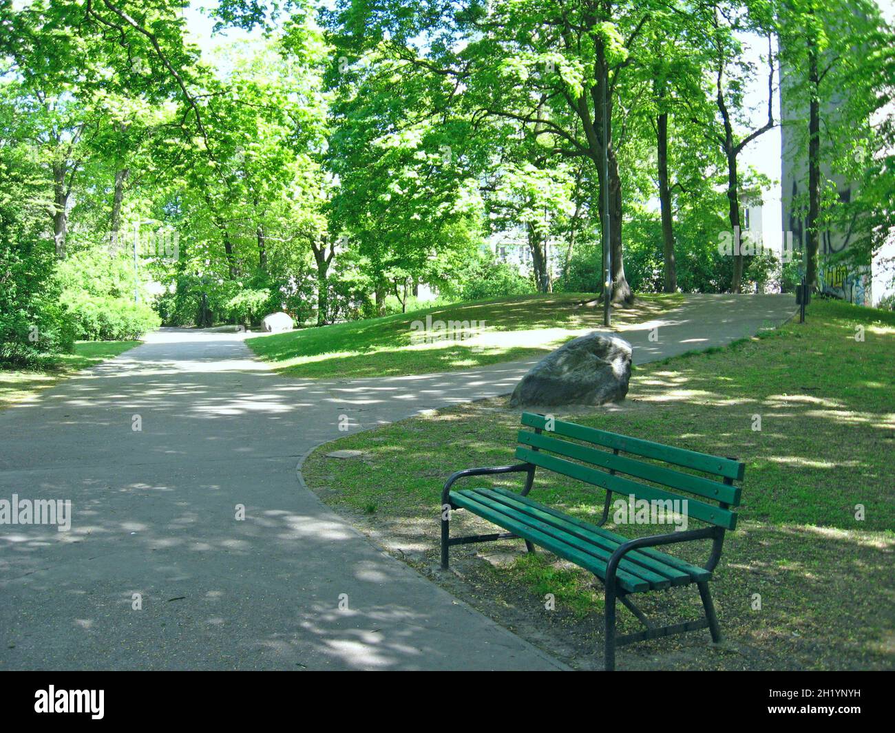 Beautiful city park with promenade path bench and big green trees. City park in summer. Place for relax in city park Stock Photo