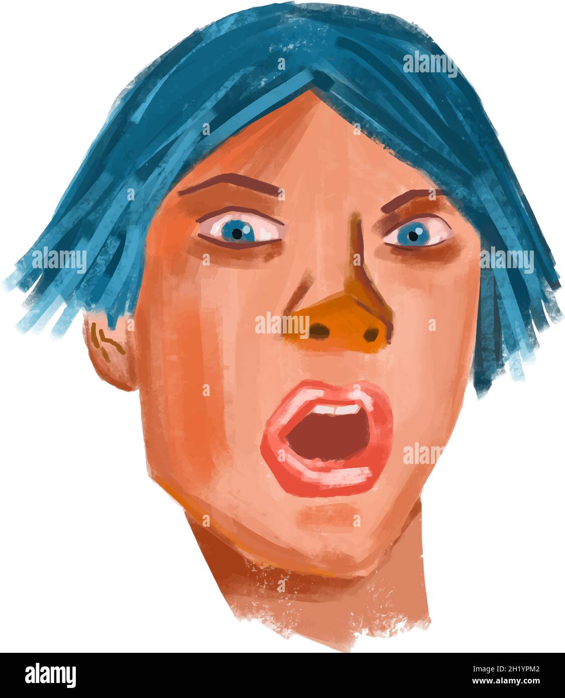 Surprised boy portrait with open mouth and blue hair Stock Vector