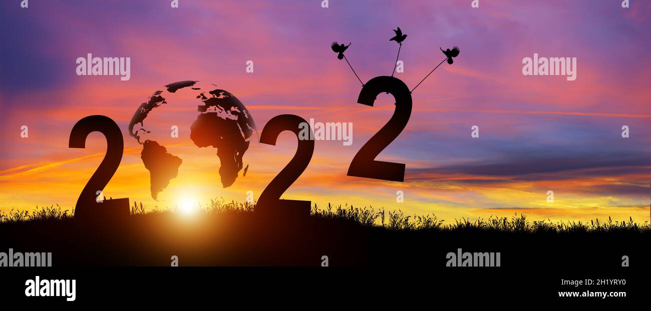 Silhouette 2022 years in sunset background. Birds carrying number 2 while celebrating 2022 years. Happy New Year and Merry Christmas. Copy space. Stock Photo