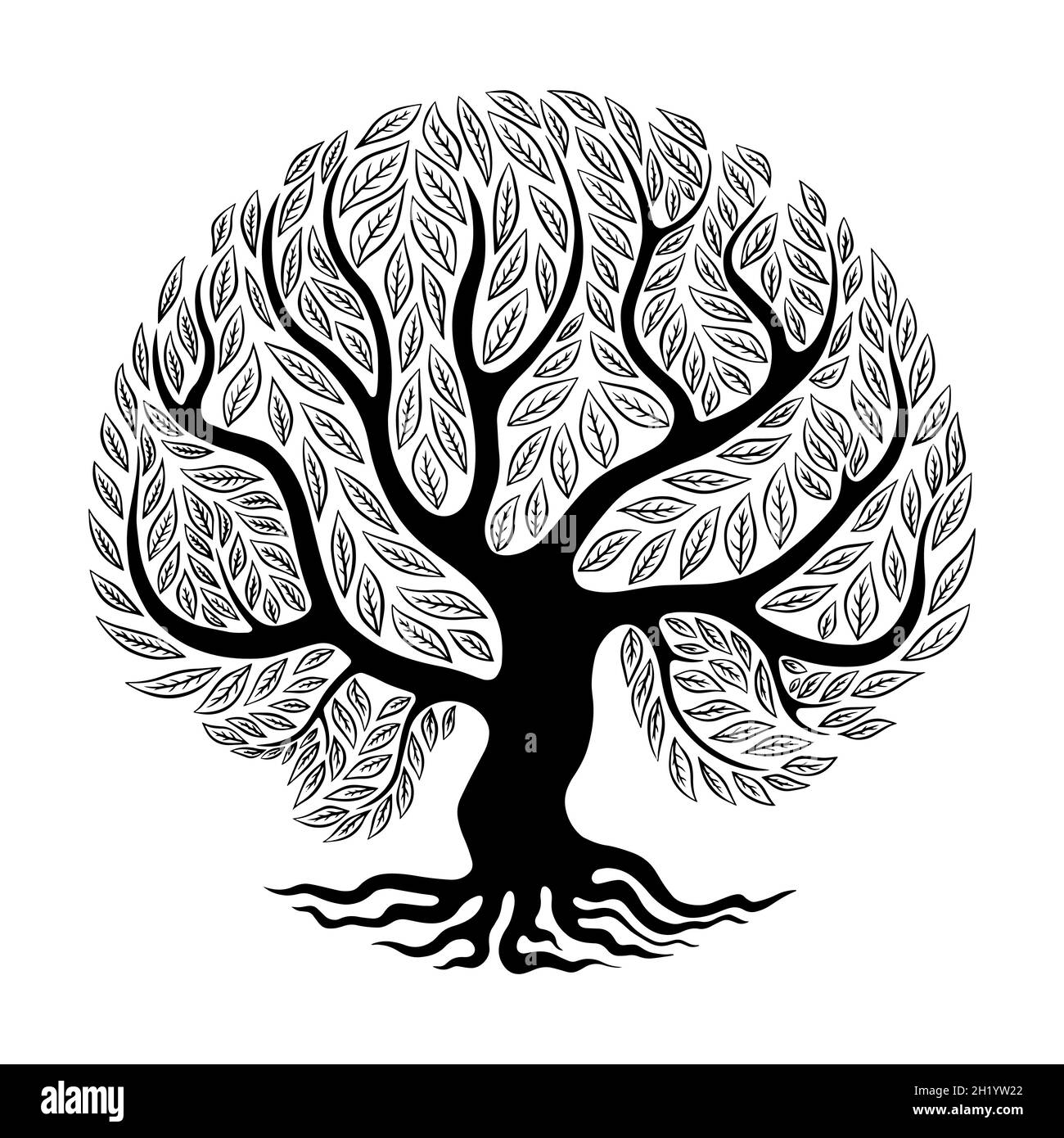 The whole tree silhouette with branches, leaves ant roots. Circle shape isolated on white background. Vector illustration. Stock Vector