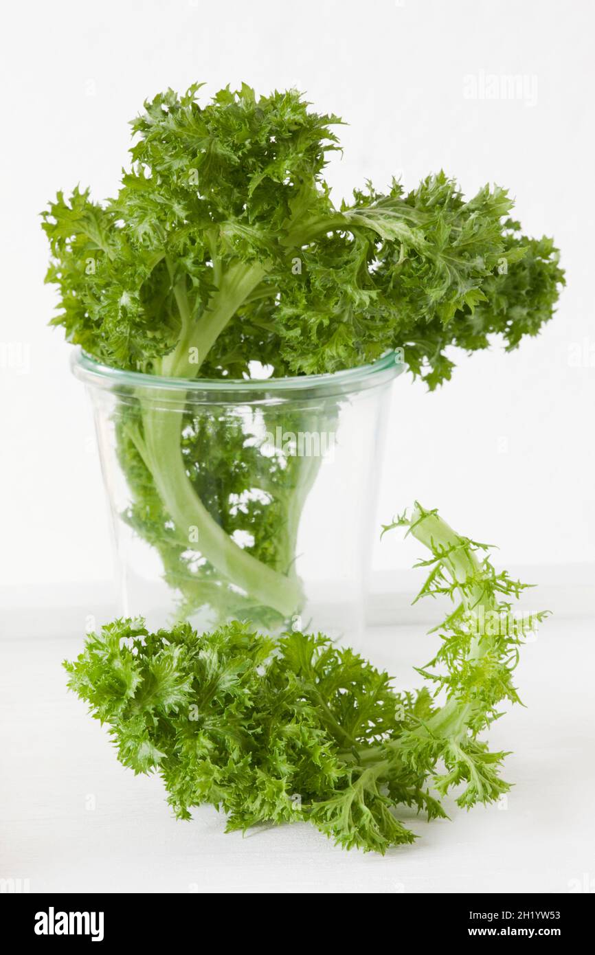 Wasabina leaves (a cabbage for salads and stir-fries, Asia) in a glass and next to it Stock Photo