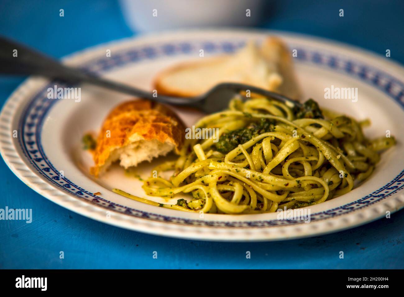Linguine with almond pesto and white bread Stock Photo Alamy