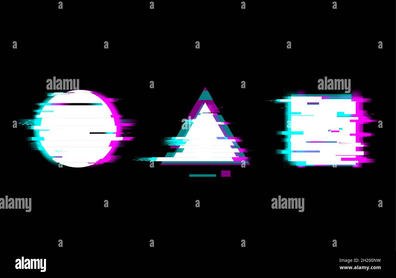 Distorted glitch style buttons vector illustration set. Play, pause, stop, warning symbols with circle and square on black background Stock Vector
