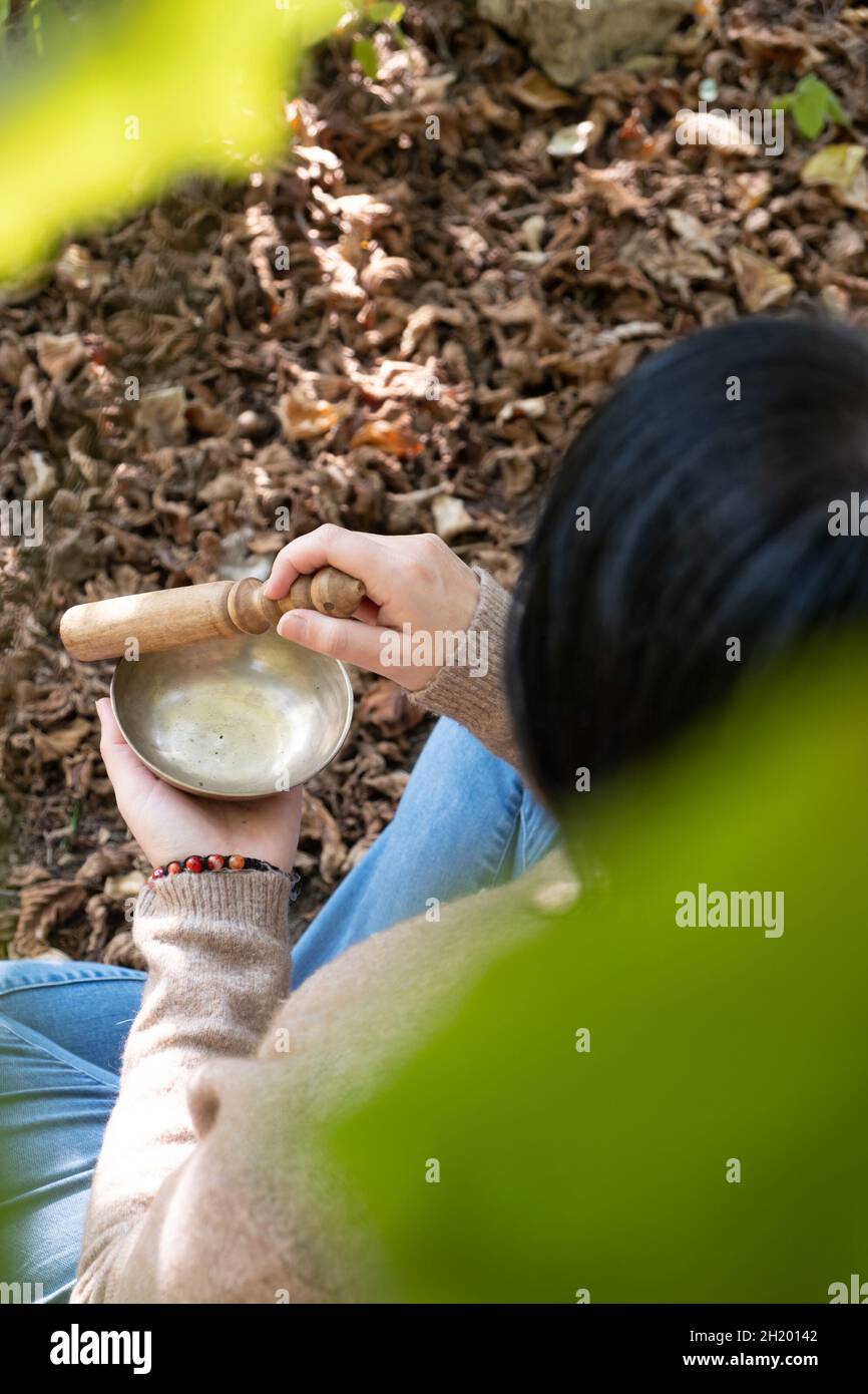 Woman Hand Holding Tibetan Bells Sound Therapy Stock Image , #AD, #Holding,  #Tibetan, #Woman, #Hand #AD