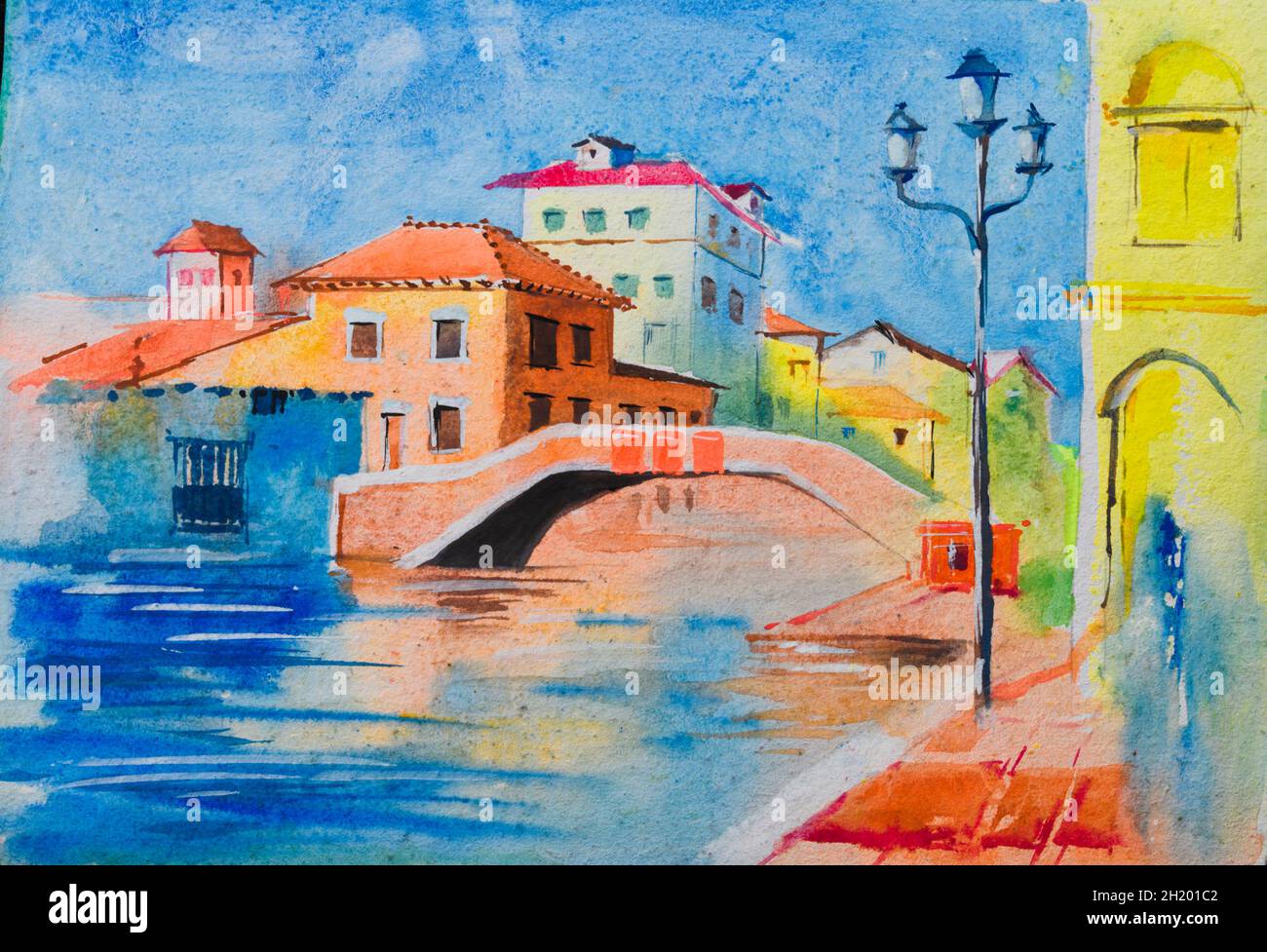 Watercolor painting of a river passing under bridge, a city in the ...