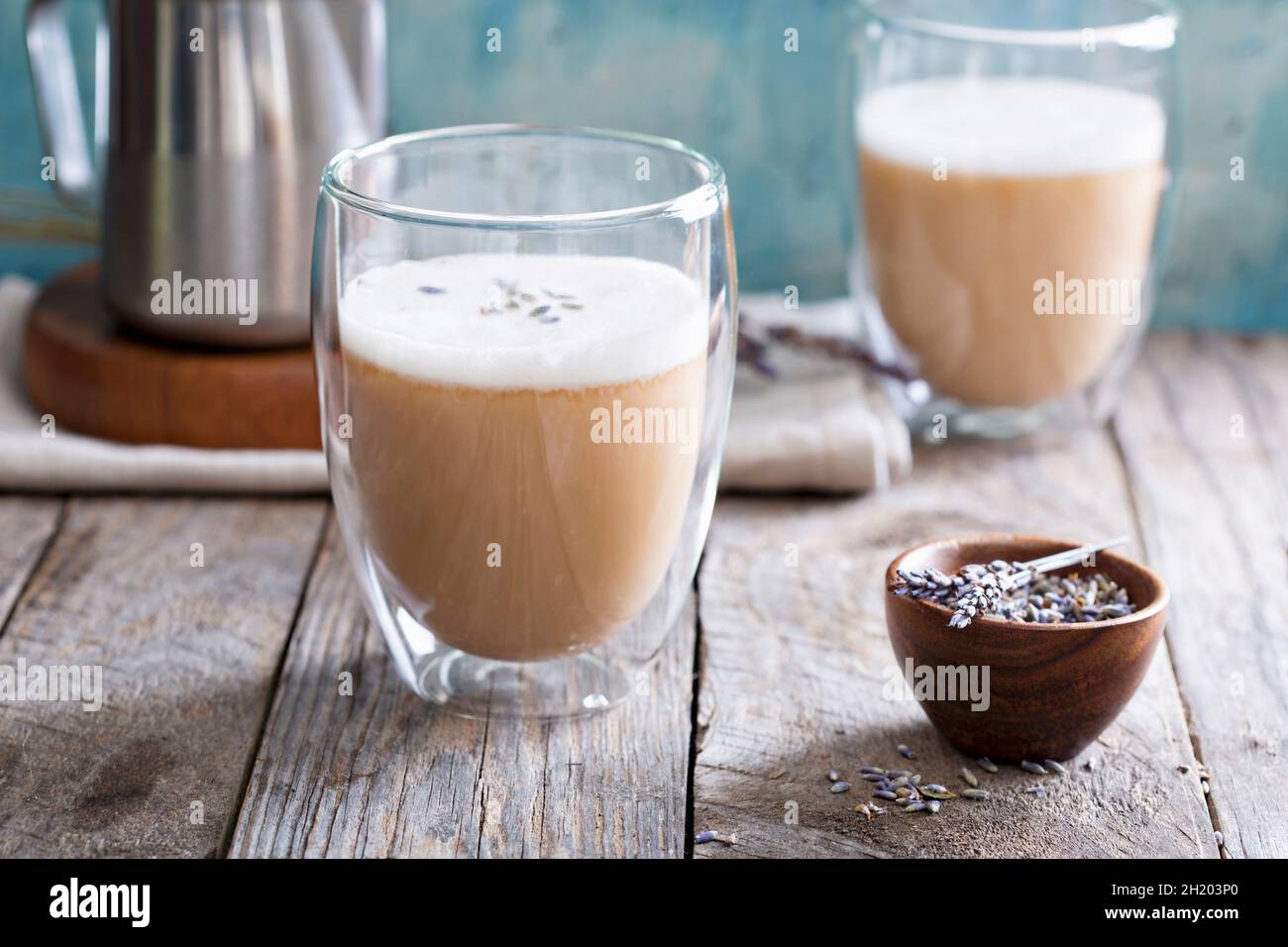 Earl Grey latte with lavender Stock Photo