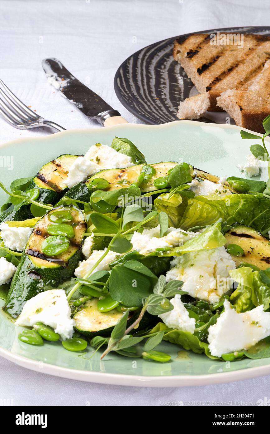 A salad with grilled zucchini, beans, oregano, goat's cheese and grilled bread Stock Photo