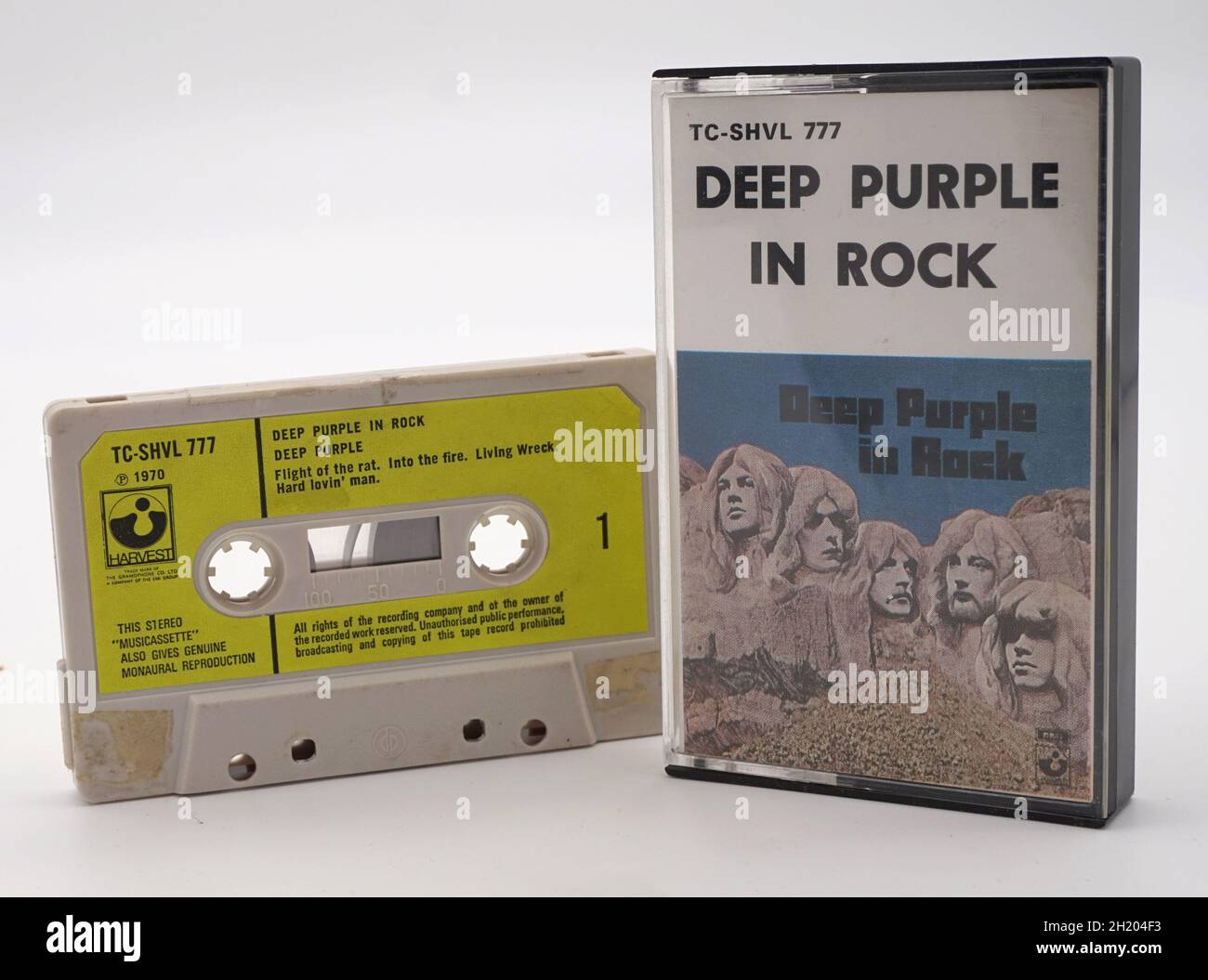 Deep Purple In Rock. Original June 1970 cassette release, Harvest TC-SHVL 777. Early style EMI cassette format Stock Photo
