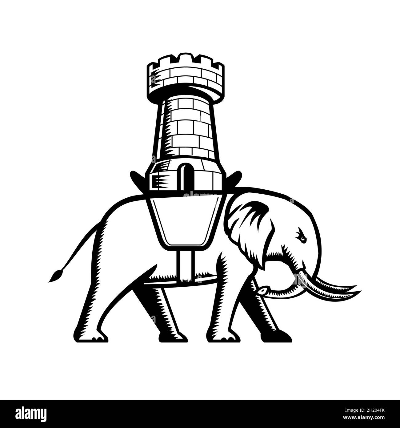 Elephant Wearing Saddle with Castle or Single Tower on Top Retro Woodcut Style Black and White Stock Photo