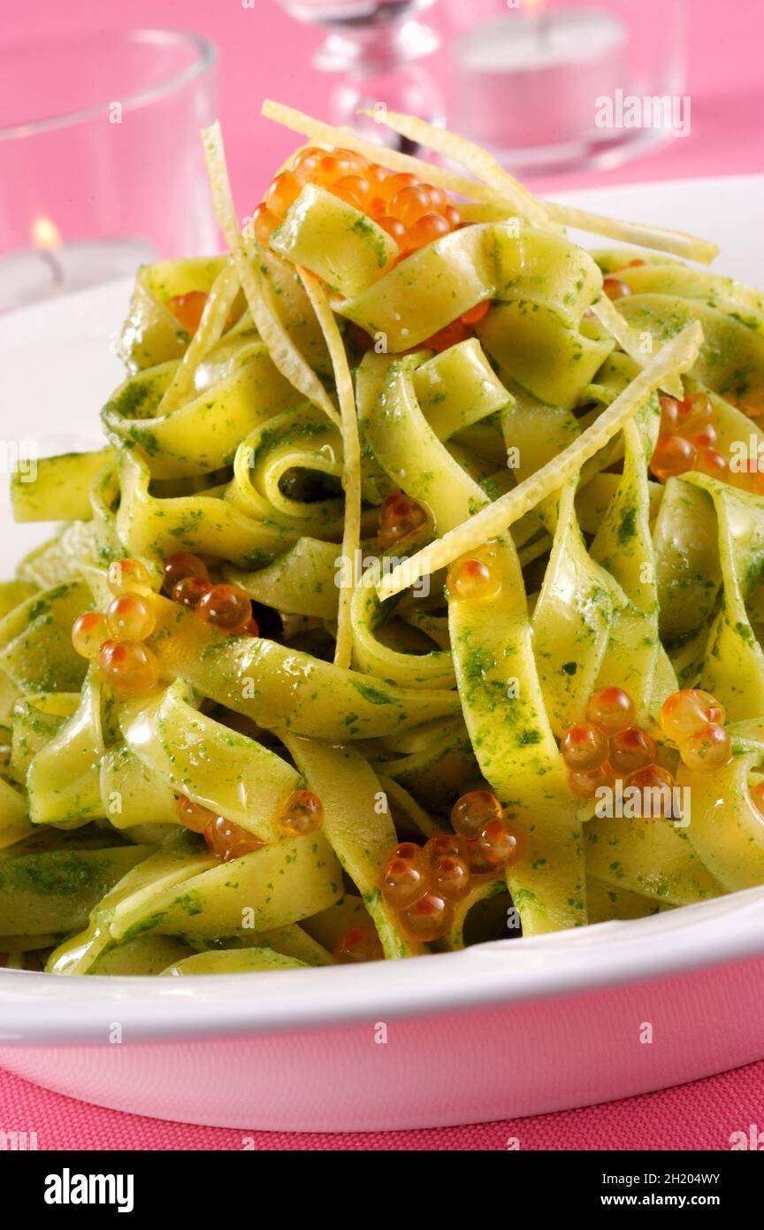 Tagliatelle with pesto and salmon caviar Stock Photo Alamy