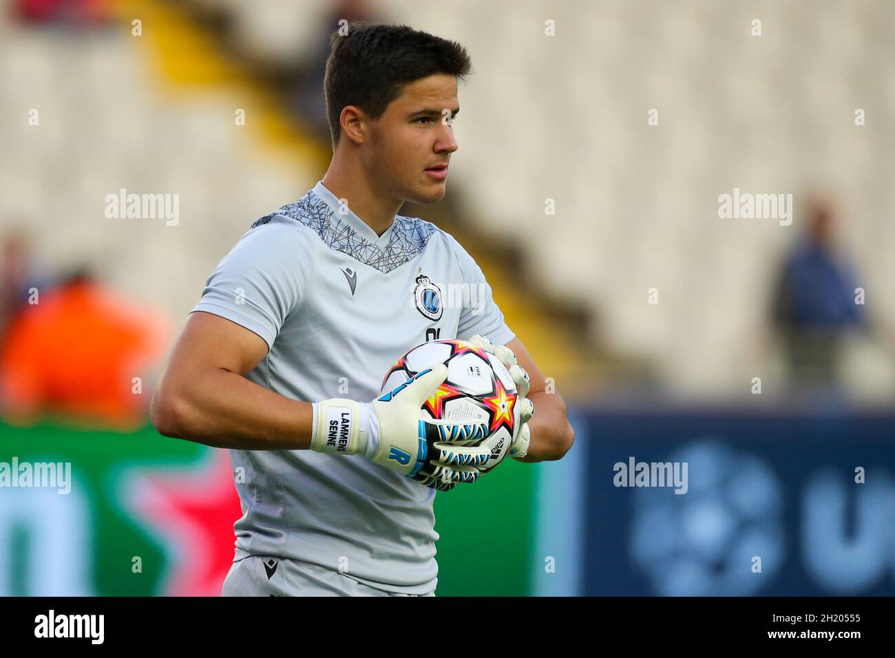 BRUGGE, BELGIUM - OCTOBER 19: Senne Lammens of Club Brugge during the Group A - UEFA Champions League match between Club Brugge KV and Manchester City at Jan Breydelstadion on October 19, 2021 in Brugge, Belgium (Photo by Perry van de Leuvert/Orange Pictures) Stock Photo