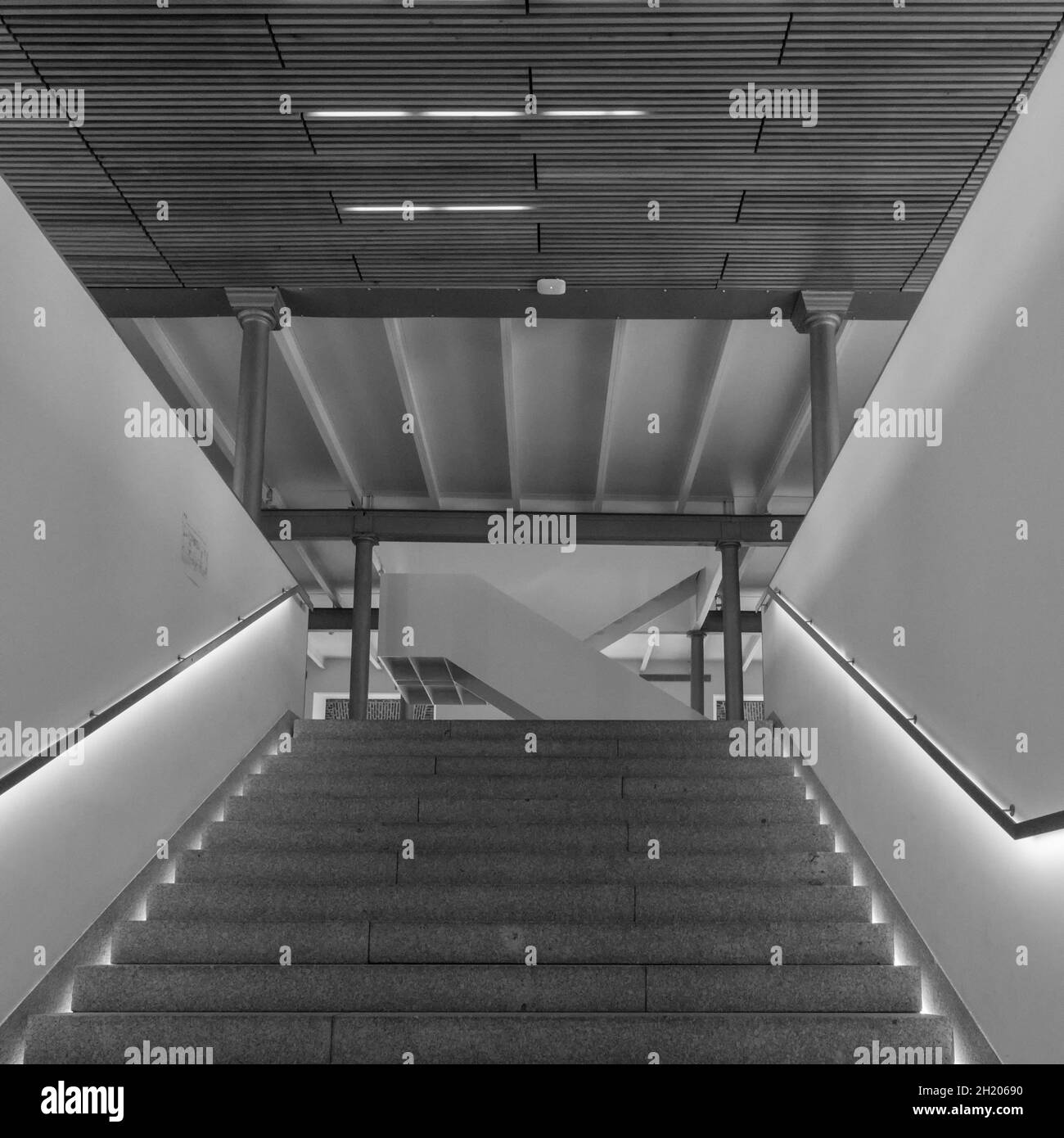 Interior access stairs to the Conde Duque Cultural Center in Madrid. Stock Photo