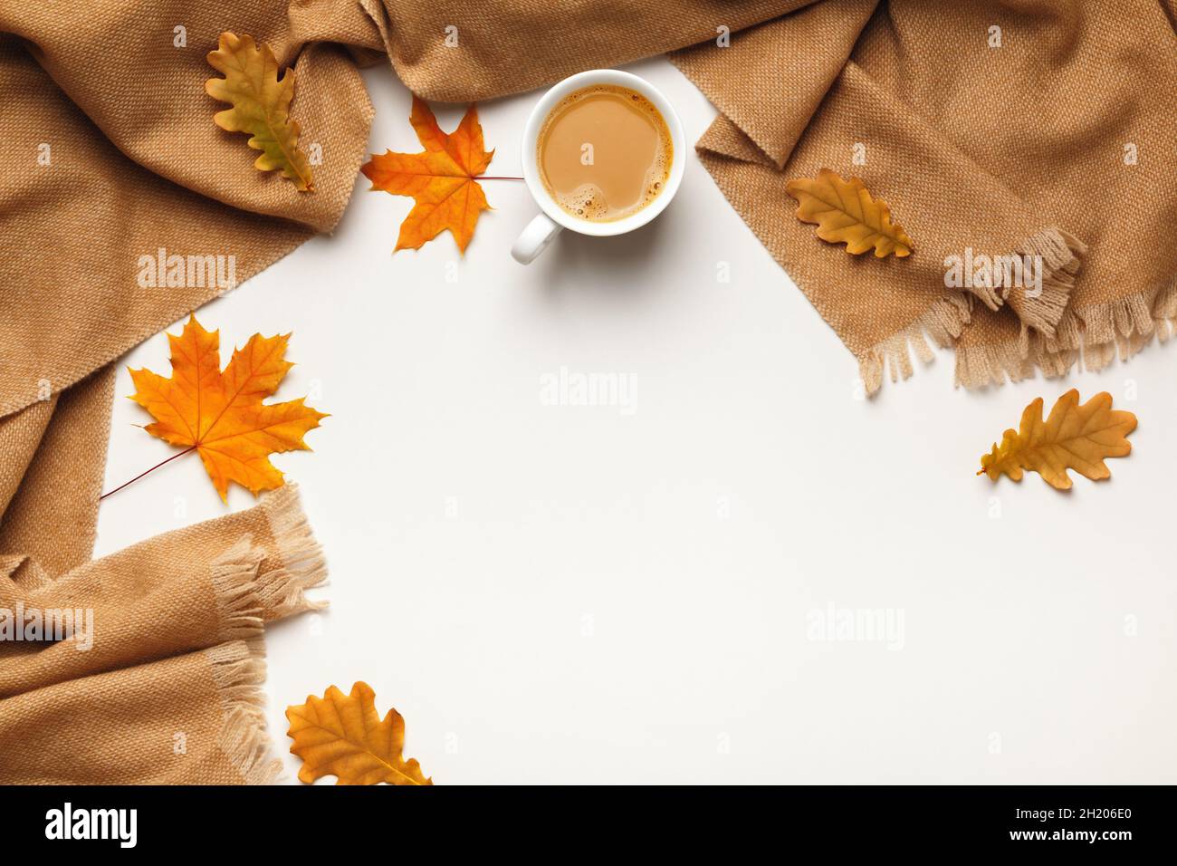 Autumn winter cosiness concept. Beige cashmere scarf coffee cup with fallen oak and maple leaves on a white background. Flat lay top view copy space Stock Photo