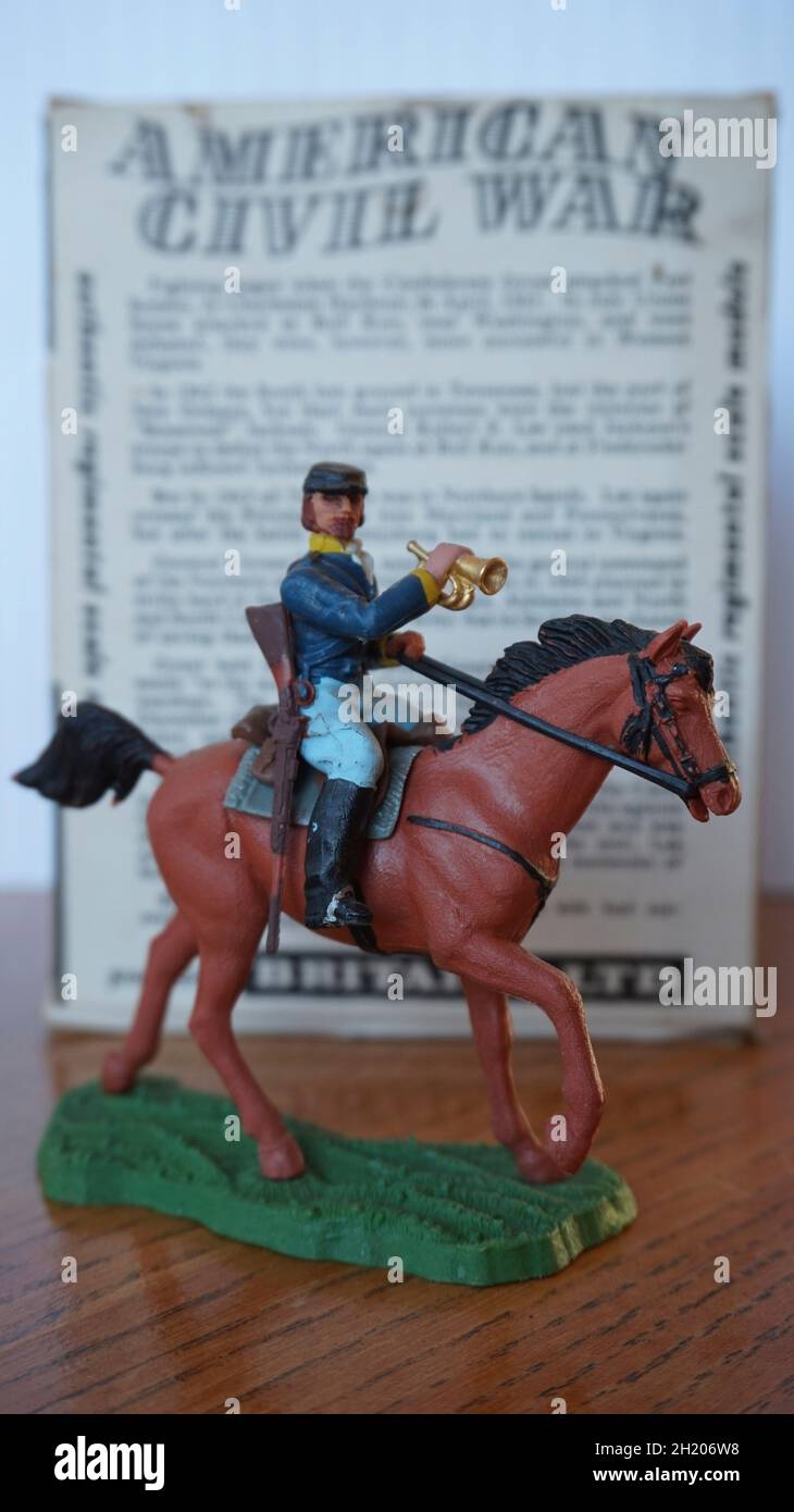 This is one of the many toys and figures produced by the firm of W. Britain.  The cavalryman was one of a set devoted to the American Civil War, launched in the mid-Sixties to replace an older range of solid figures.  original price of 3s 11d, designed and manufactured in England. In original packaging, now very collectable. Stock Photo