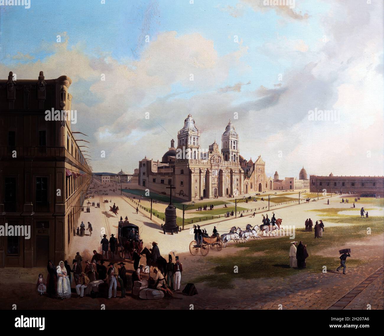 The Main Square in Mexico City (La Plaza Mayor de la Ciudad de México) by Carlos Paris, oil on panel, 1815 Stock Photo