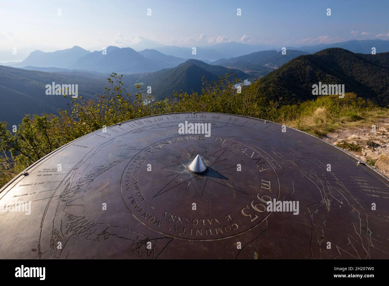 View of the wind rose on the top of Poncione di Ganna mountain. Cuasso al Monte,  Varese district, Lombardy, Italy. Stock Photo