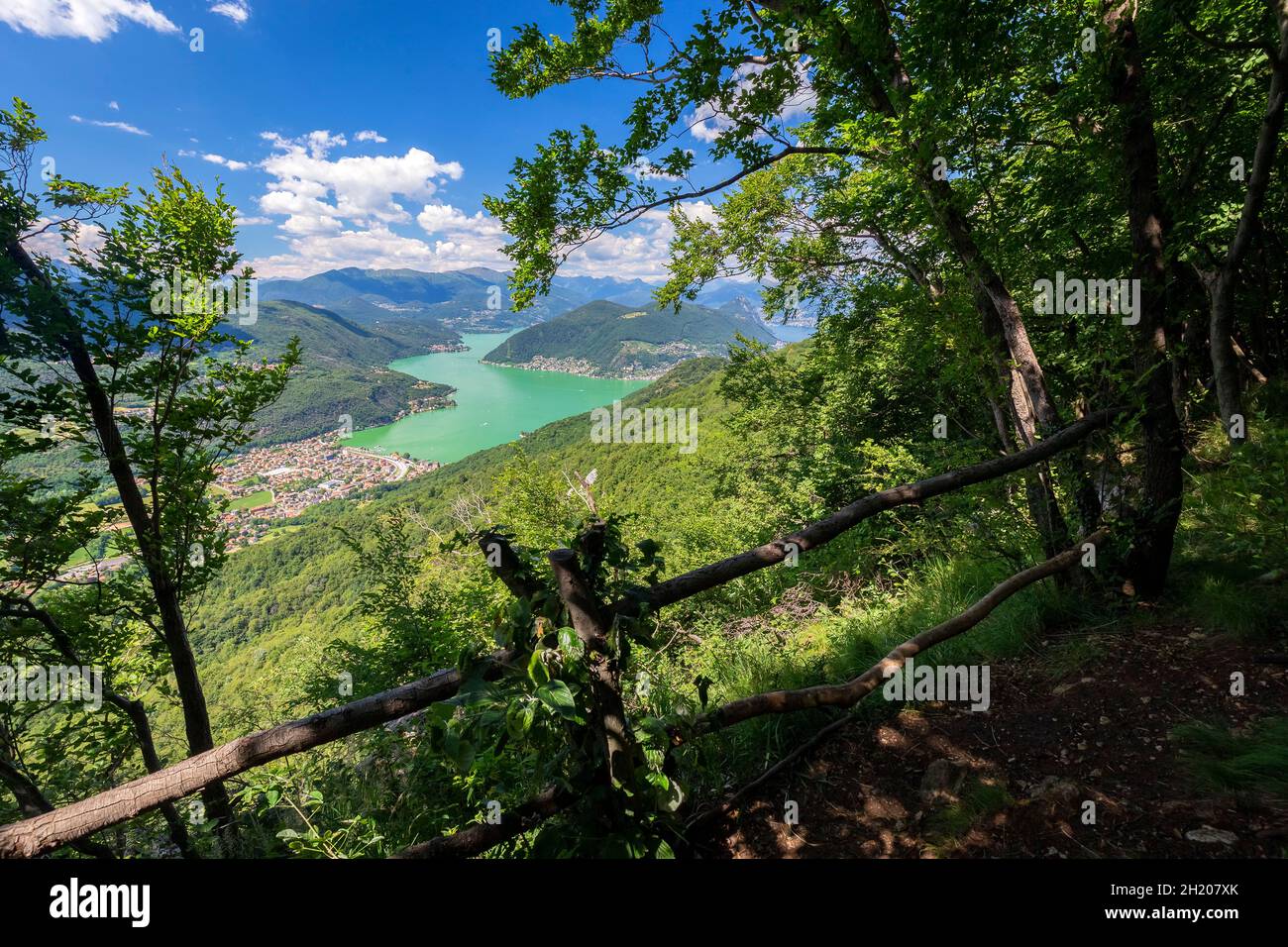 View of the Ceresio Lake from the fortifications of Linea Cadorna on Monte Orsa and Monte Pravello. Viggiù, Varese district, Lombardy, Italy. Stock Photo