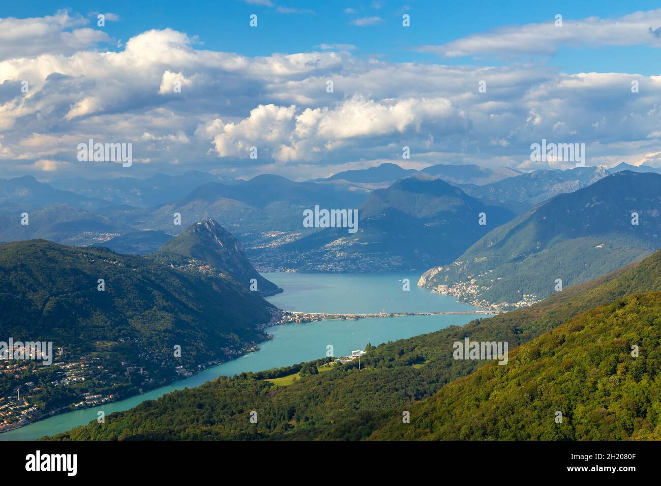 View of the Ceresio Lake from the fortifications of Linea Cadorna on Monte Orsa and Monte Pravello. Viggiù, Varese district, Lombardy, Italy. Stock Photo