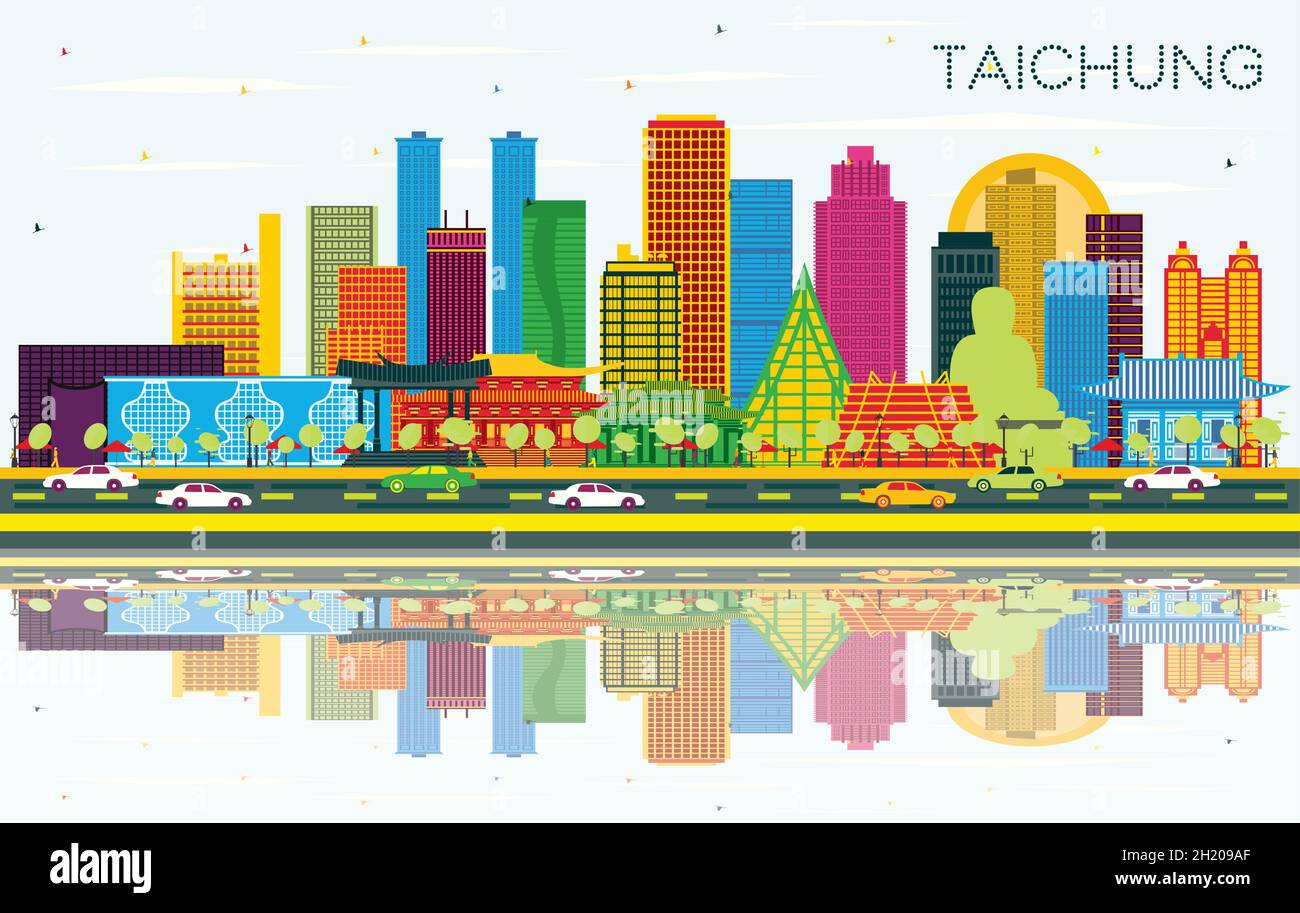 Taichung Taiwan City Skyline with Color Buildings, Blue Sky and Reflections. Vector Illustration. Travel and Tourism Concept Stock Vector