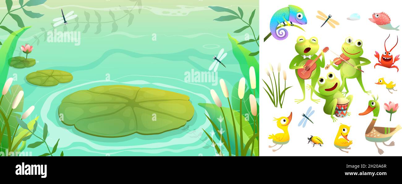 Swamp or Pond Scenery with Animals Clip Art Stock Vector