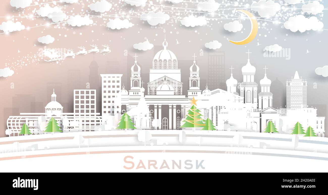 Saransk Russia City Skyline in Paper Cut Style with Snowflakes, Moon and Neon Garland. Vector Illustration. Christmas and New Year Concept. Stock Vector
