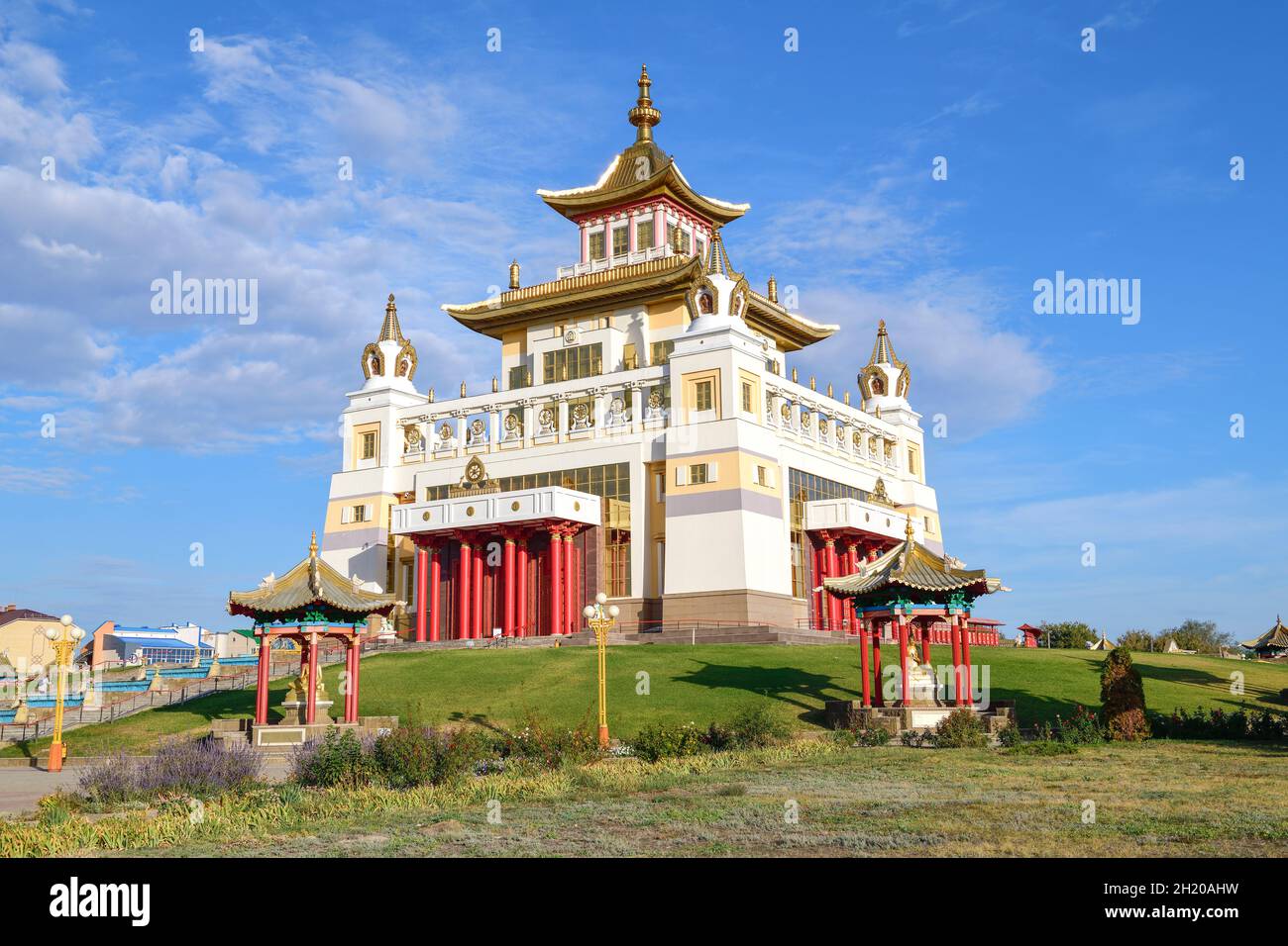 Buddhist temple 'Golden Abode of Buddha Shakyamuni' on a sunny day. Elista, Republic of Kalmykia. Russian Federation Stock Photo